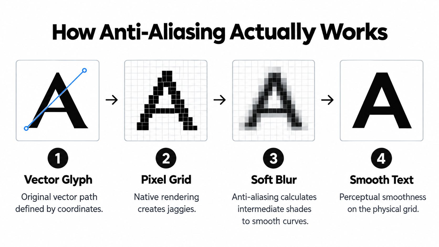 A four-step infographic showing how anti-aliasing processes vector font paths into smooth, rendered digital text characters.