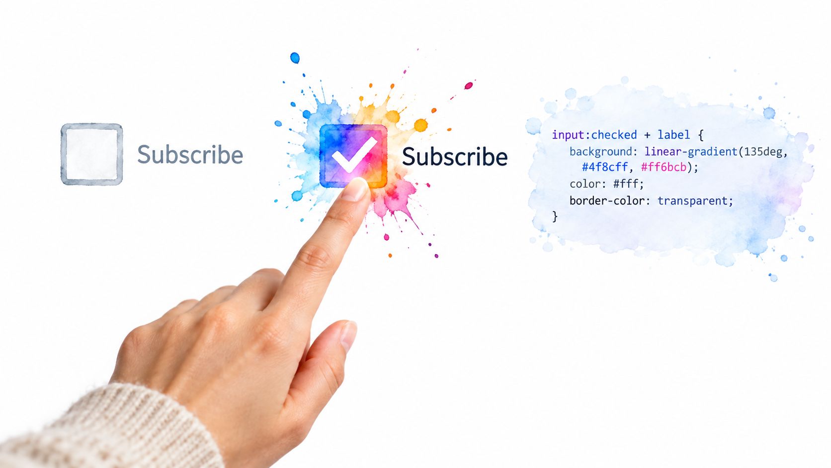 A hand touching a colorful watercolor checkbox design with CSS code displayed next to it.