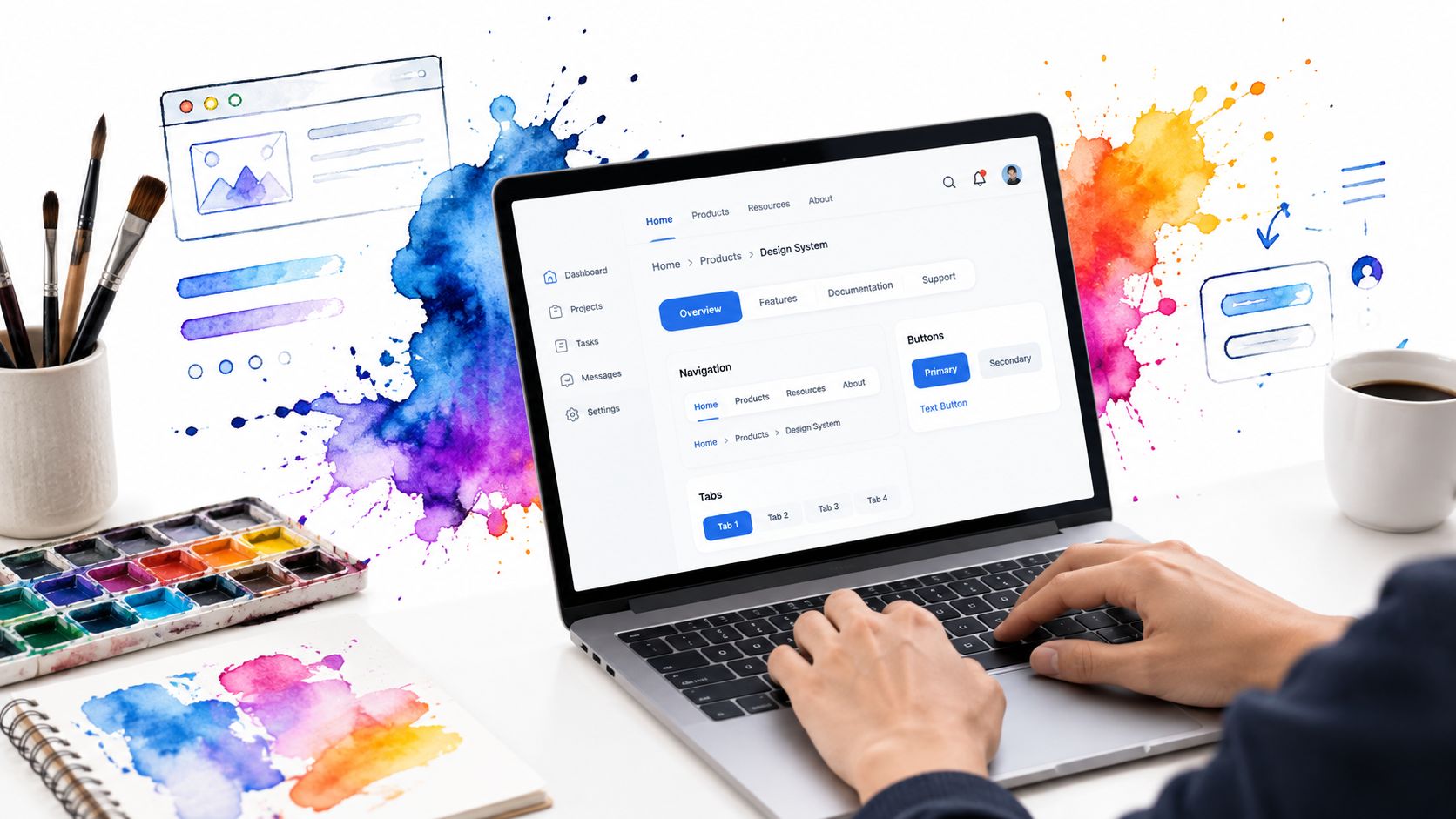 A designer works on a laptop displaying a modern design system interface with watercolor paint elements nearby.
