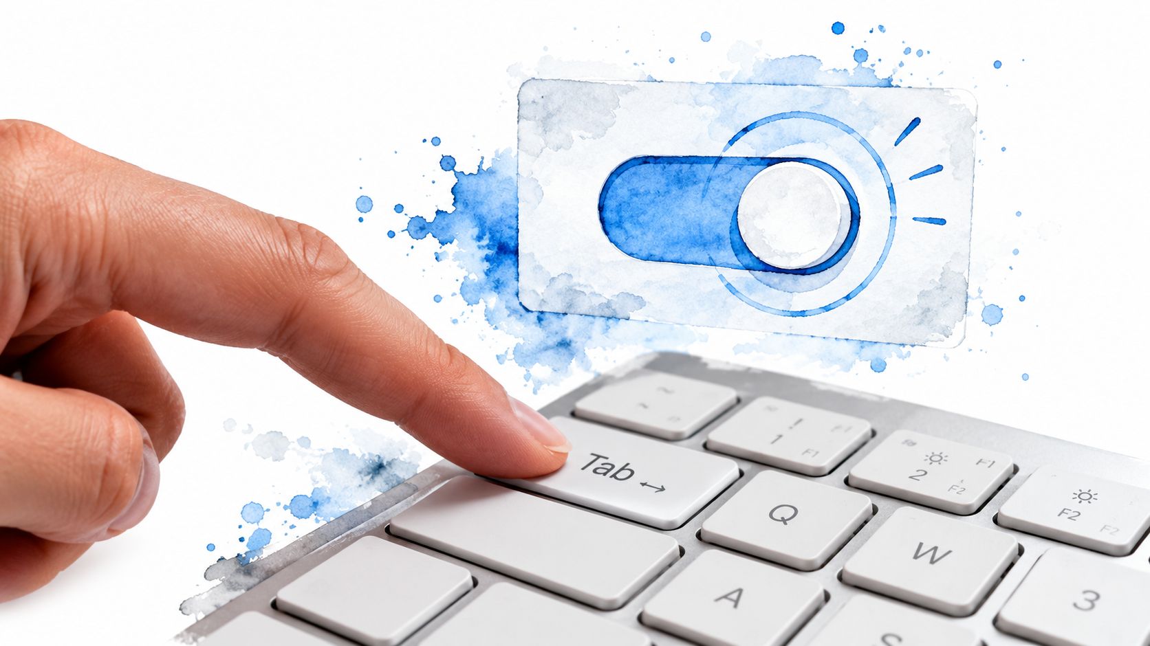A hand pressing the Tab key on a computer keyboard with an overlaid blue watercolor toggle switch icon.