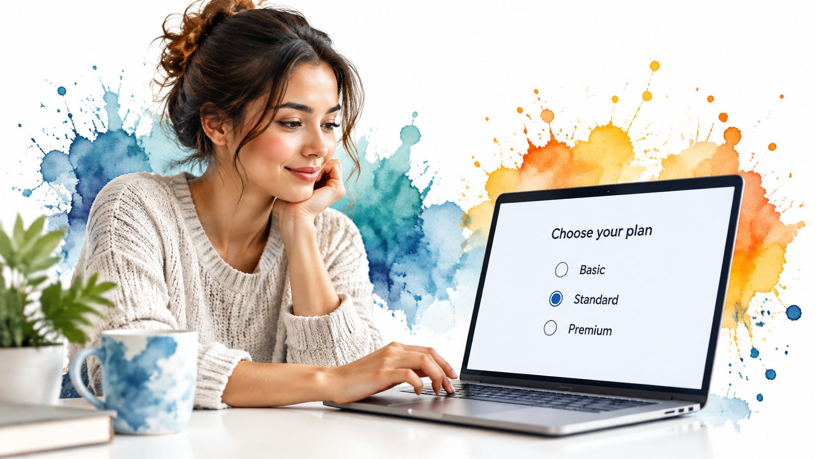 A woman looking at a laptop screen displaying a web form with radio button plan options.