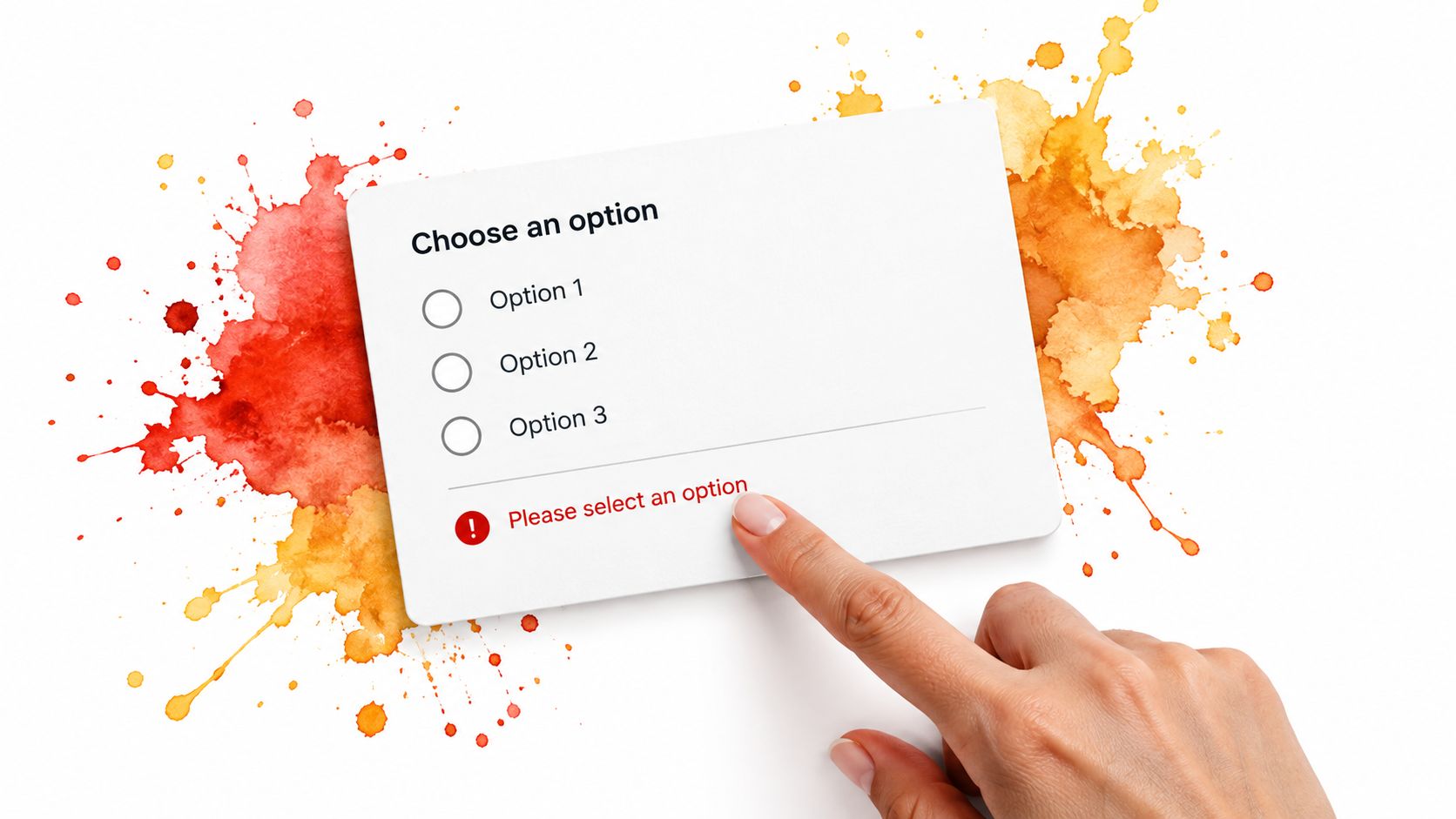 A hand pointing at a web form with a radio button group and a validation error message.