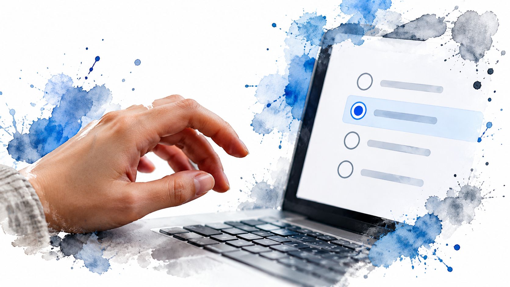 A close-up view of a person using a laptop to interact with a radio button selection list.