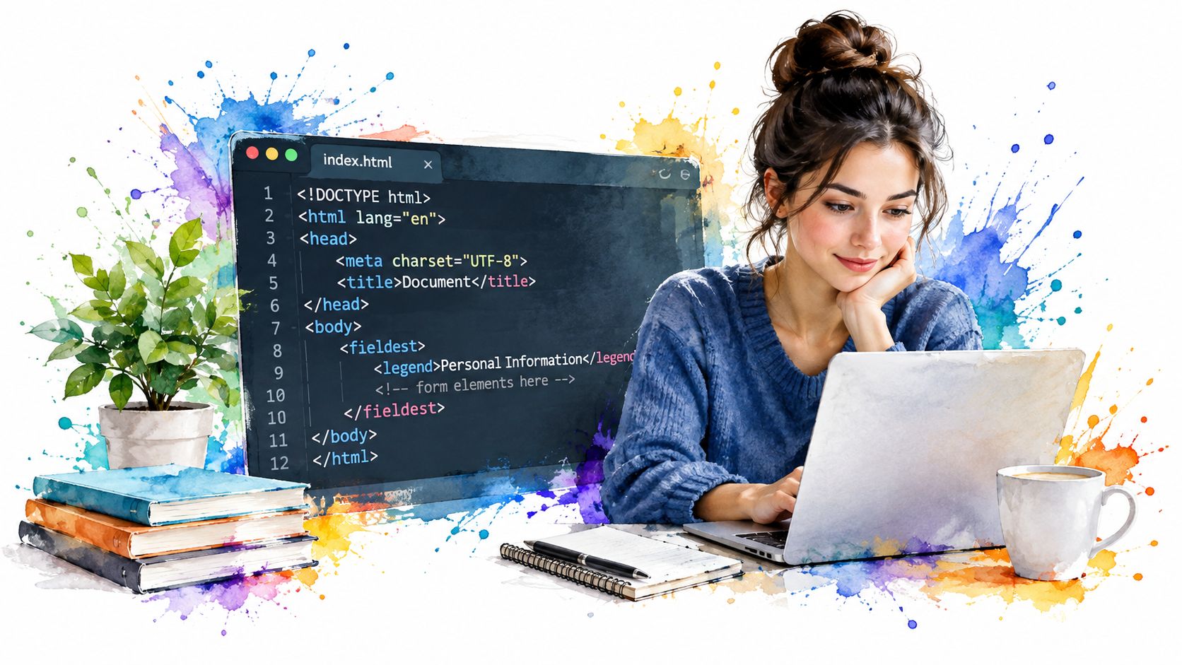 A woman coding on a laptop with an HTML snippet showing a legend tag in the background.