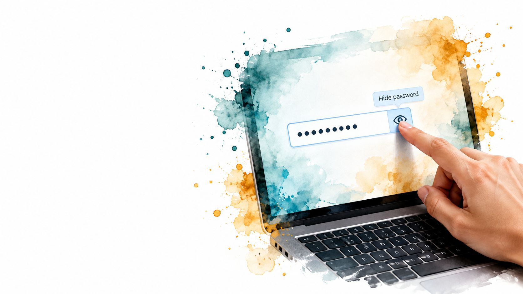 A hand touching a password input field with a hide password toggle icon on a laptop screen.