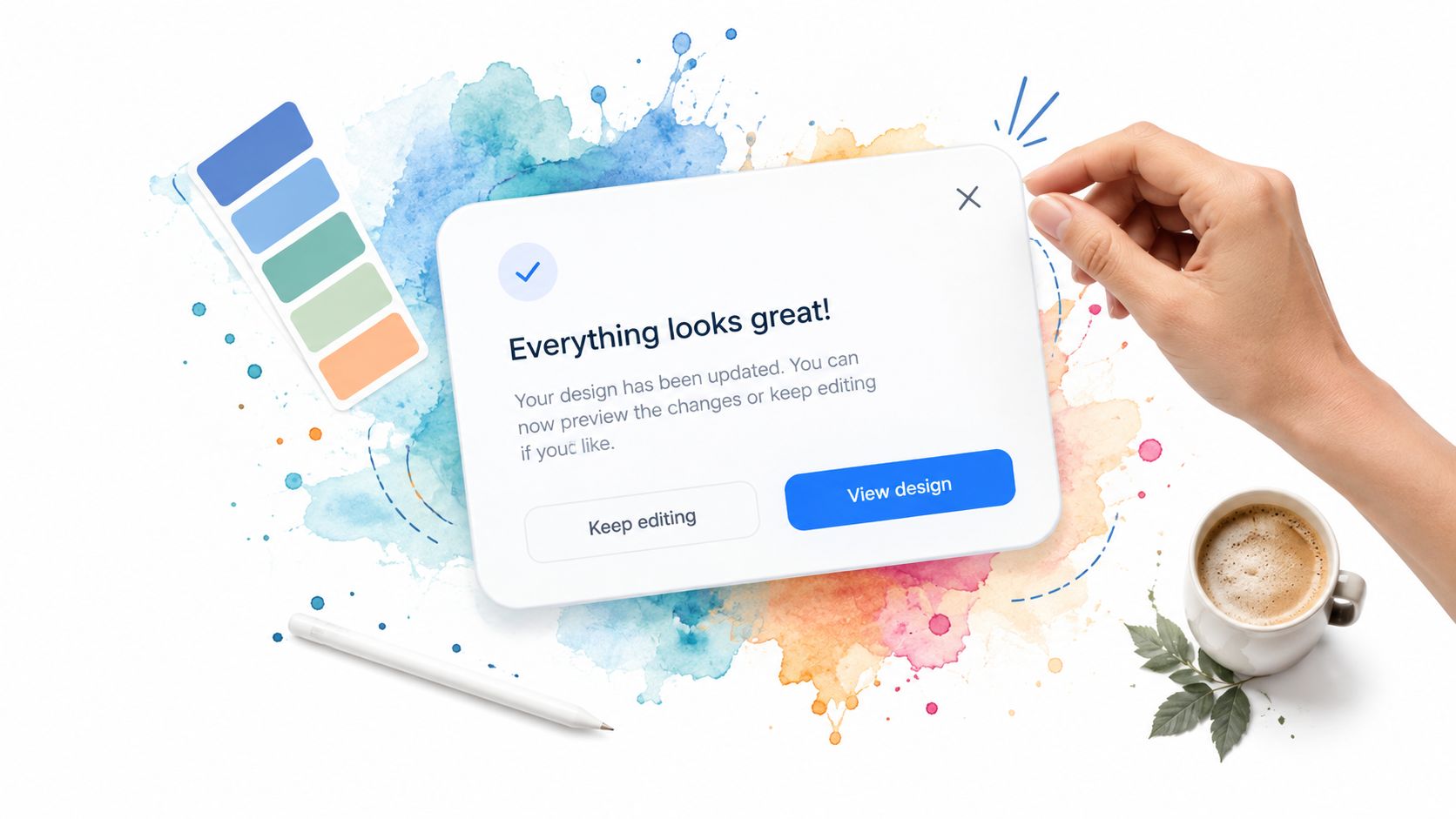 A digital design interface showing a success message to open a dialog for previewing or editing.