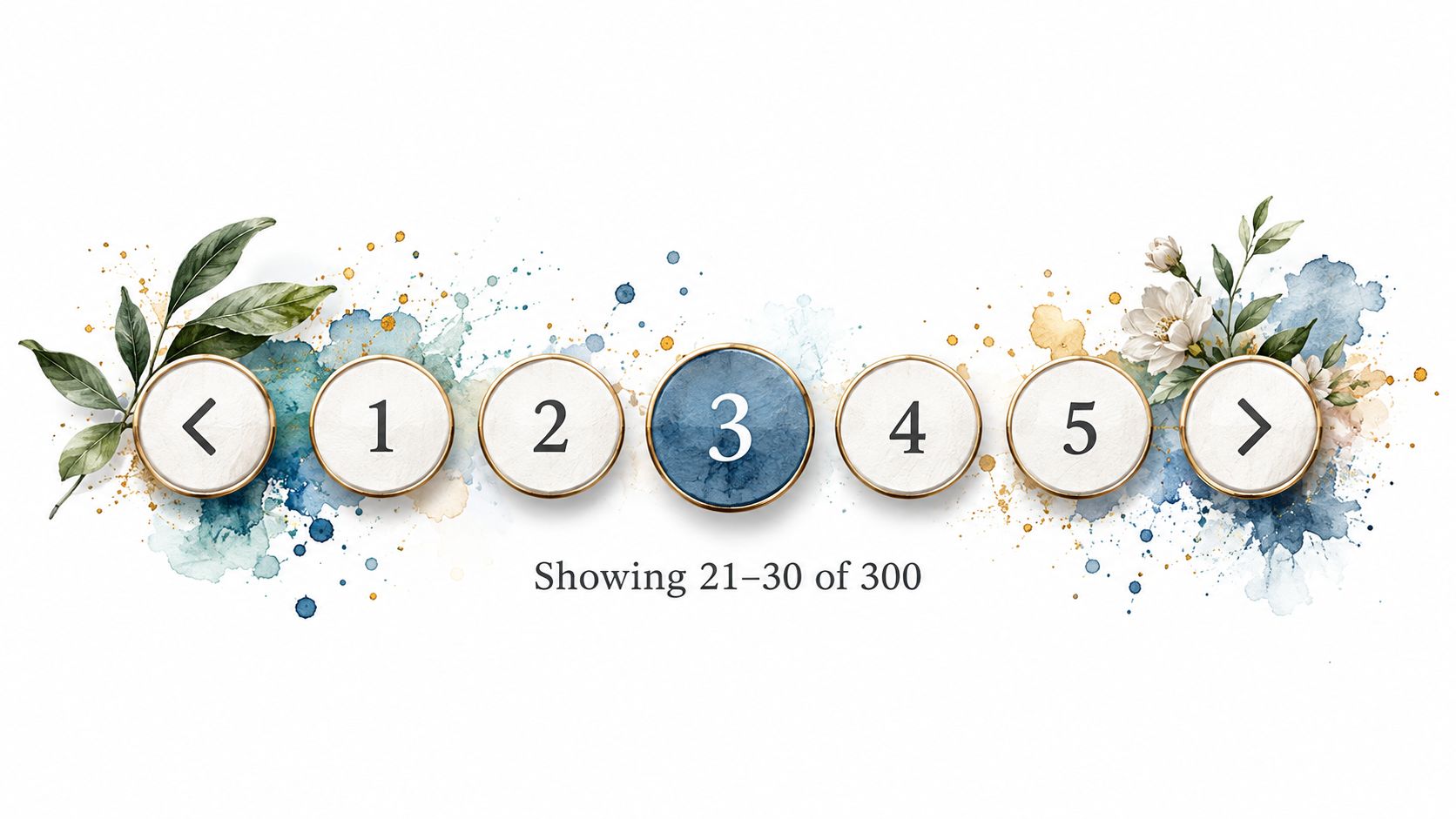 Elegant watercolor pagination navigation bar with numbered buttons highlighted on the third page, isolated on white.