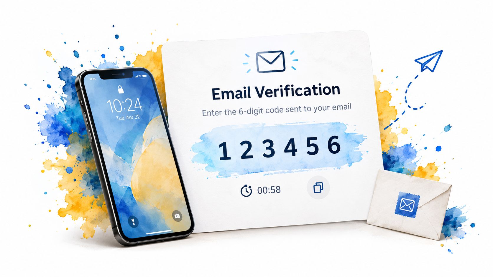 A smartphone next to a card showing an email verification prompt with a six-digit code.