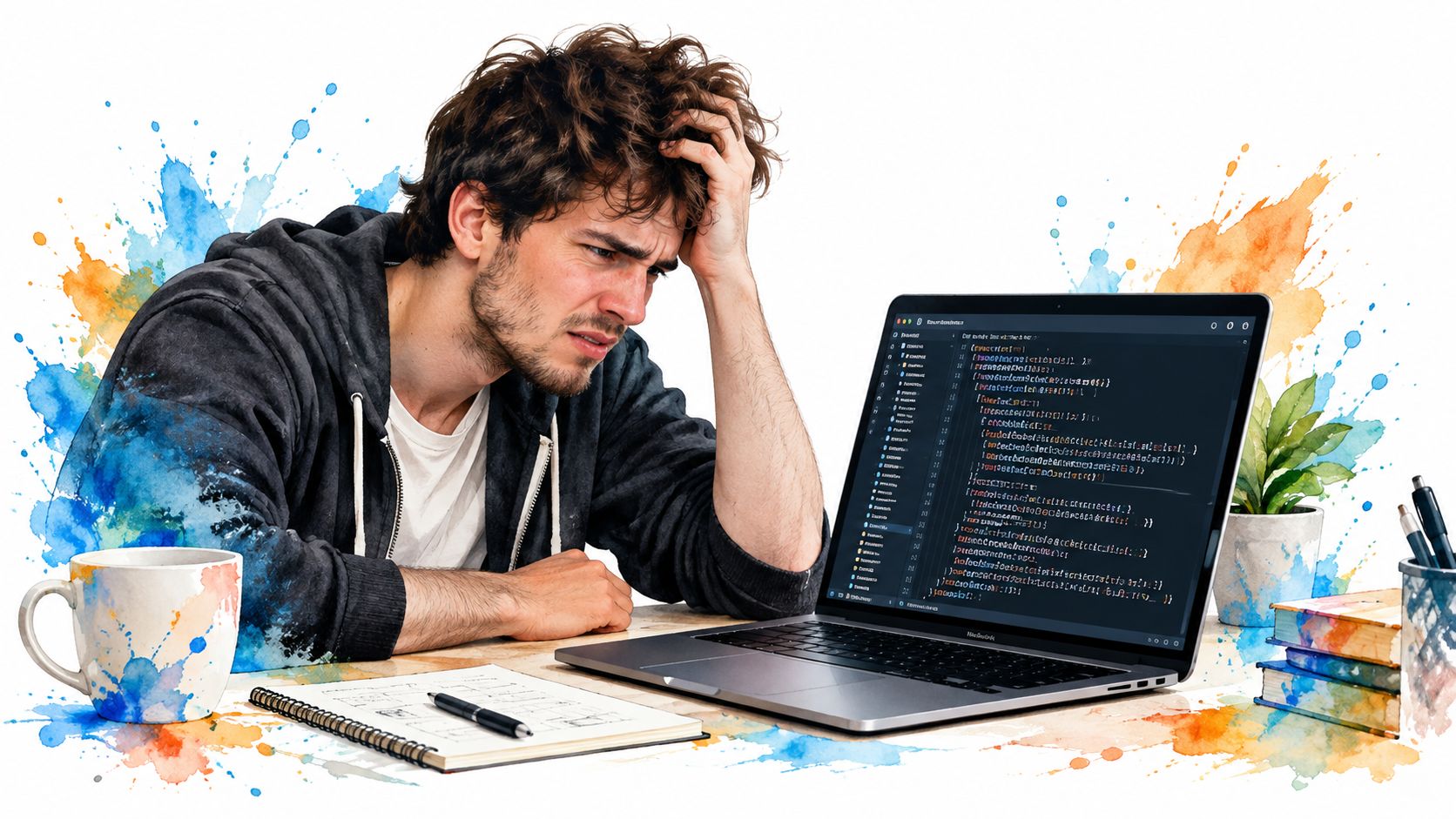 A frustrated young programmer sitting at a desk, looking stressed while working on code on his laptop.