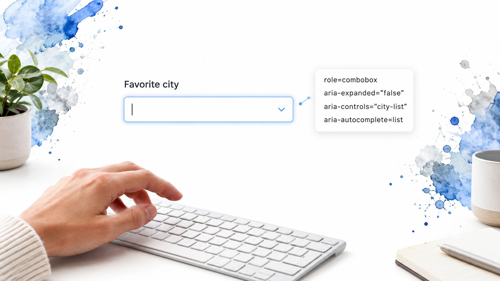 A close-up view of a person typing on a keyboard next to an accessible HTML combo box element.