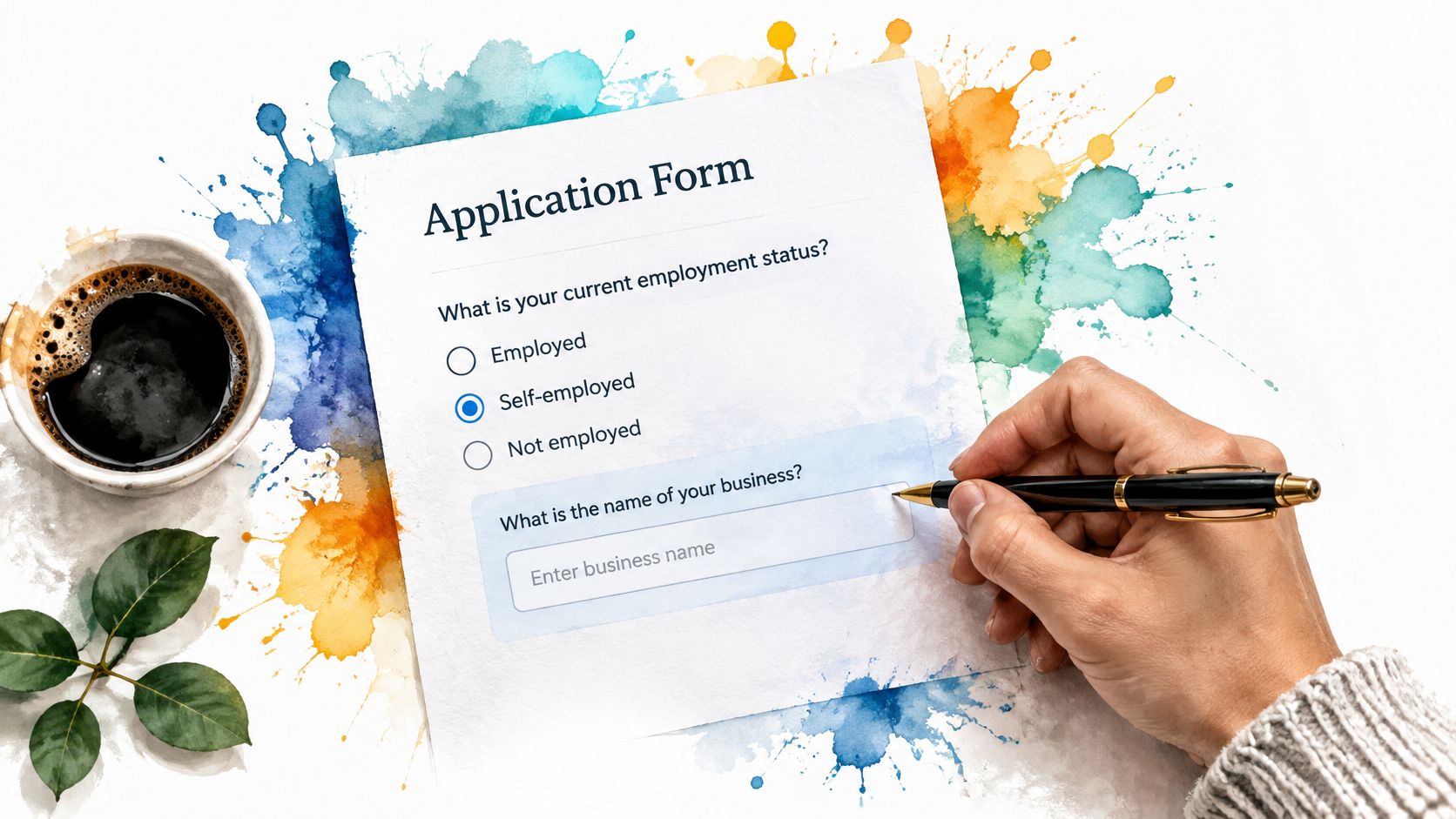 A hand filling out a paper application form with radio buttons for employment status selection.