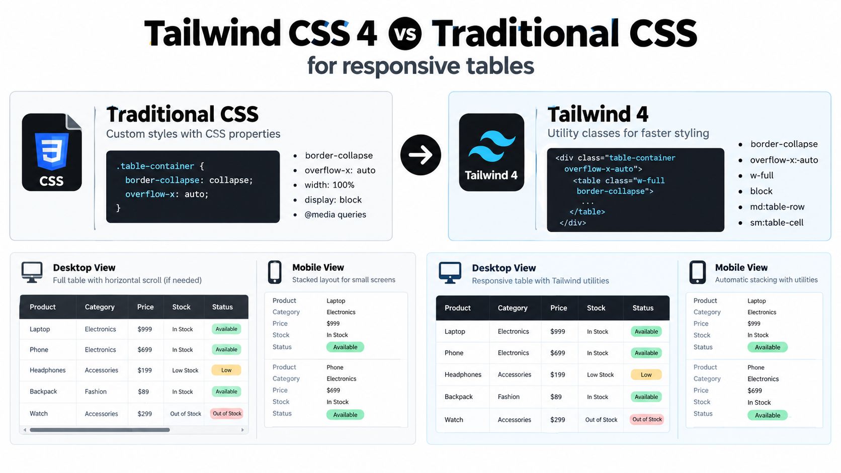 A comparison chart showing how to style a responsive table using Traditional CSS versus Tailwind CSS 4.