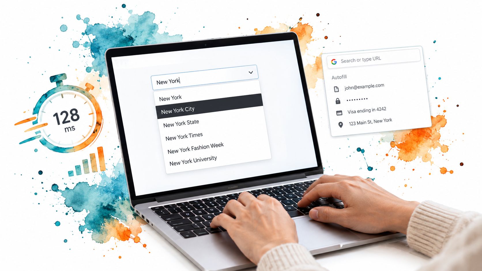 A person using a laptop with a visible search combo box dropdown menu and browser autofill suggestions.