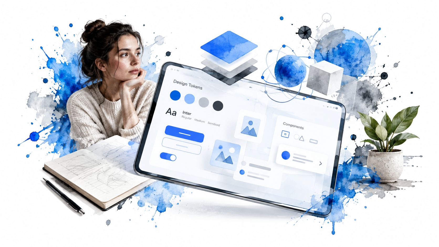 A designer looks at a tablet displaying a UI system interface with abstract blue watercolor graphics nearby.