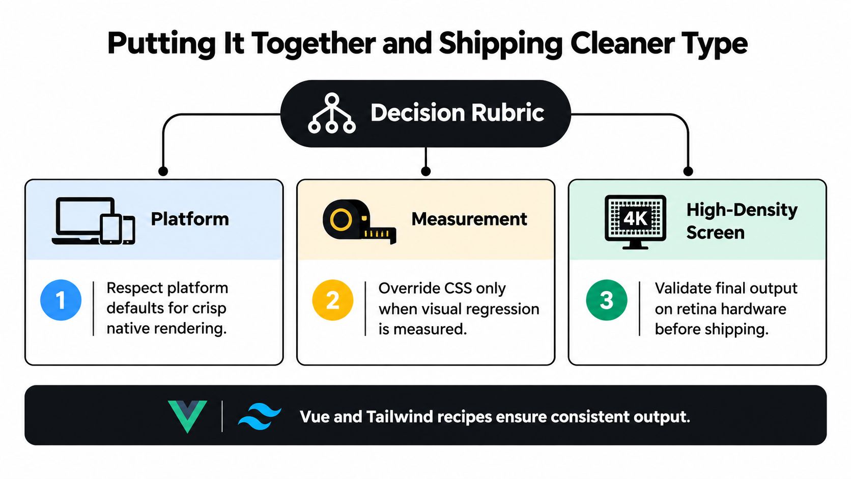 A decision rubric diagram illustrating guidelines for achieving crisp native font rendering across different screen types.