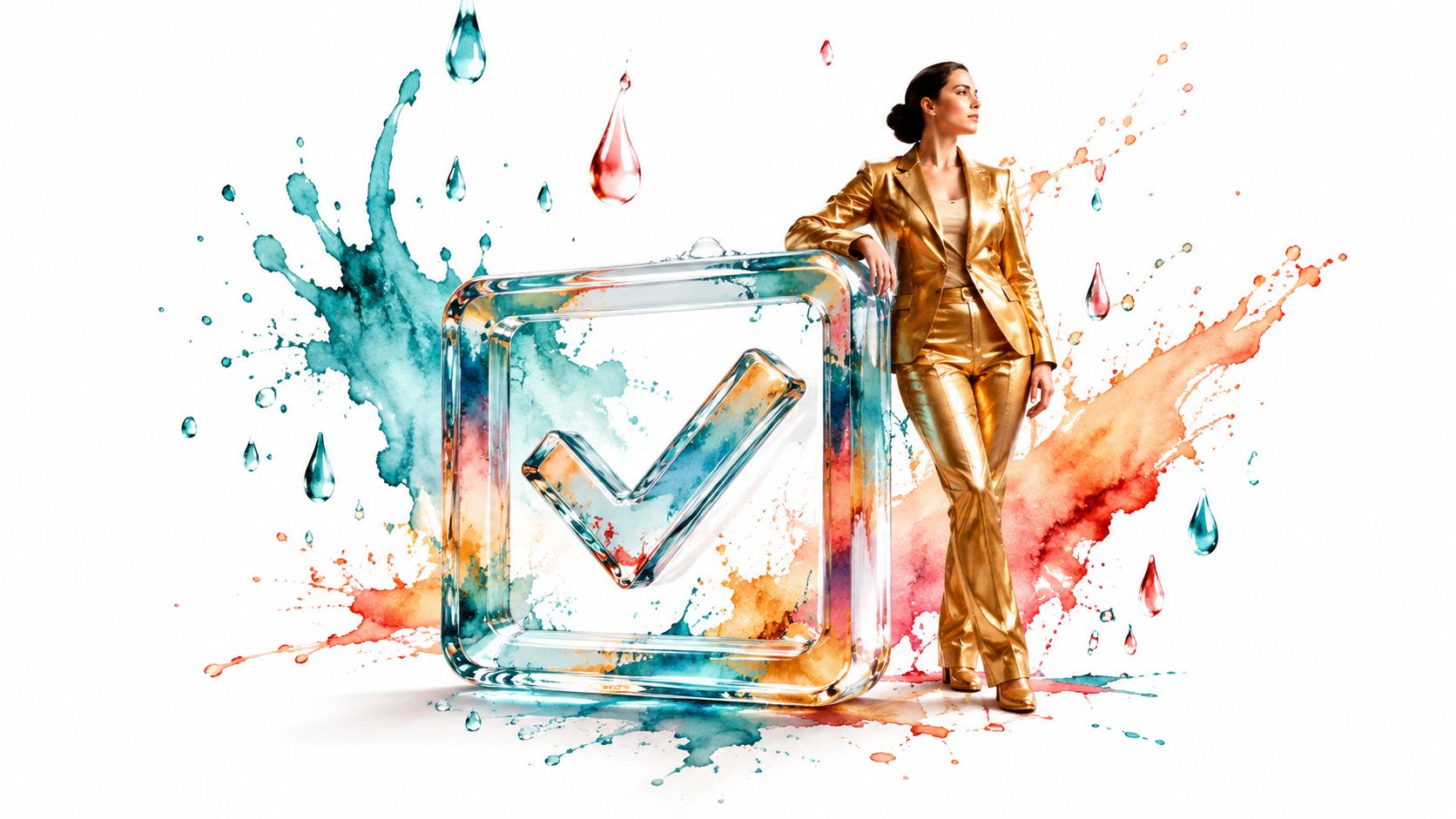 A woman in a gold suit leaning against a large transparent glass checkbox with colorful paint splatters.
