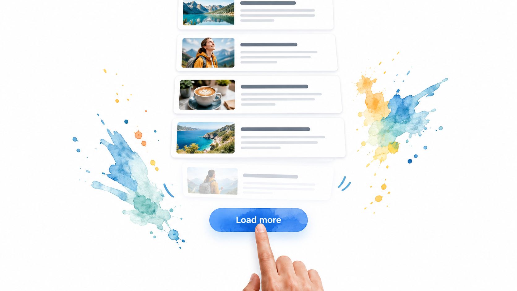 A hand clicking a load more button on a webpage with a list of travel blog posts.