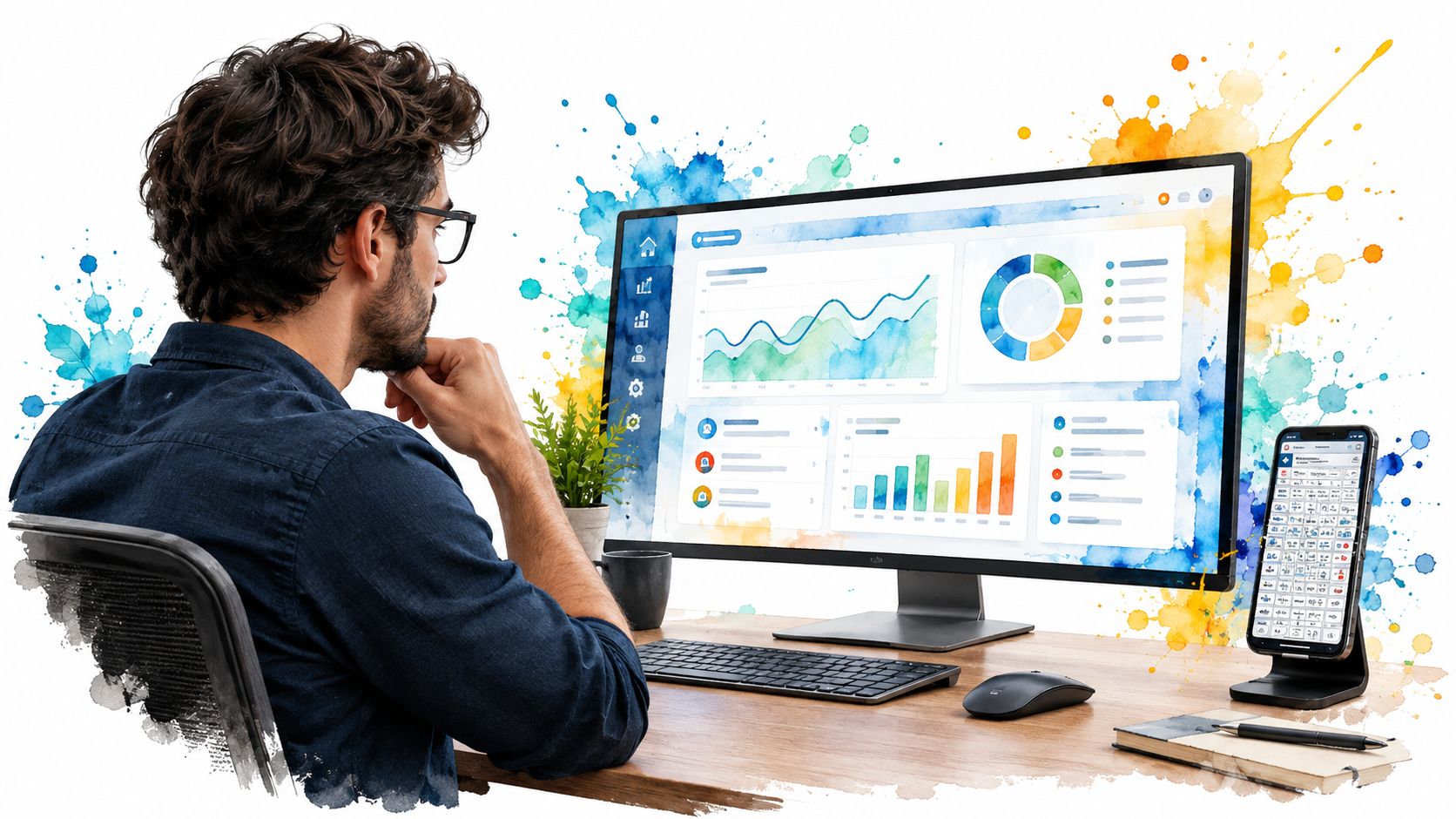 A professional man with glasses sitting at a desk looking at data charts on a computer screen.