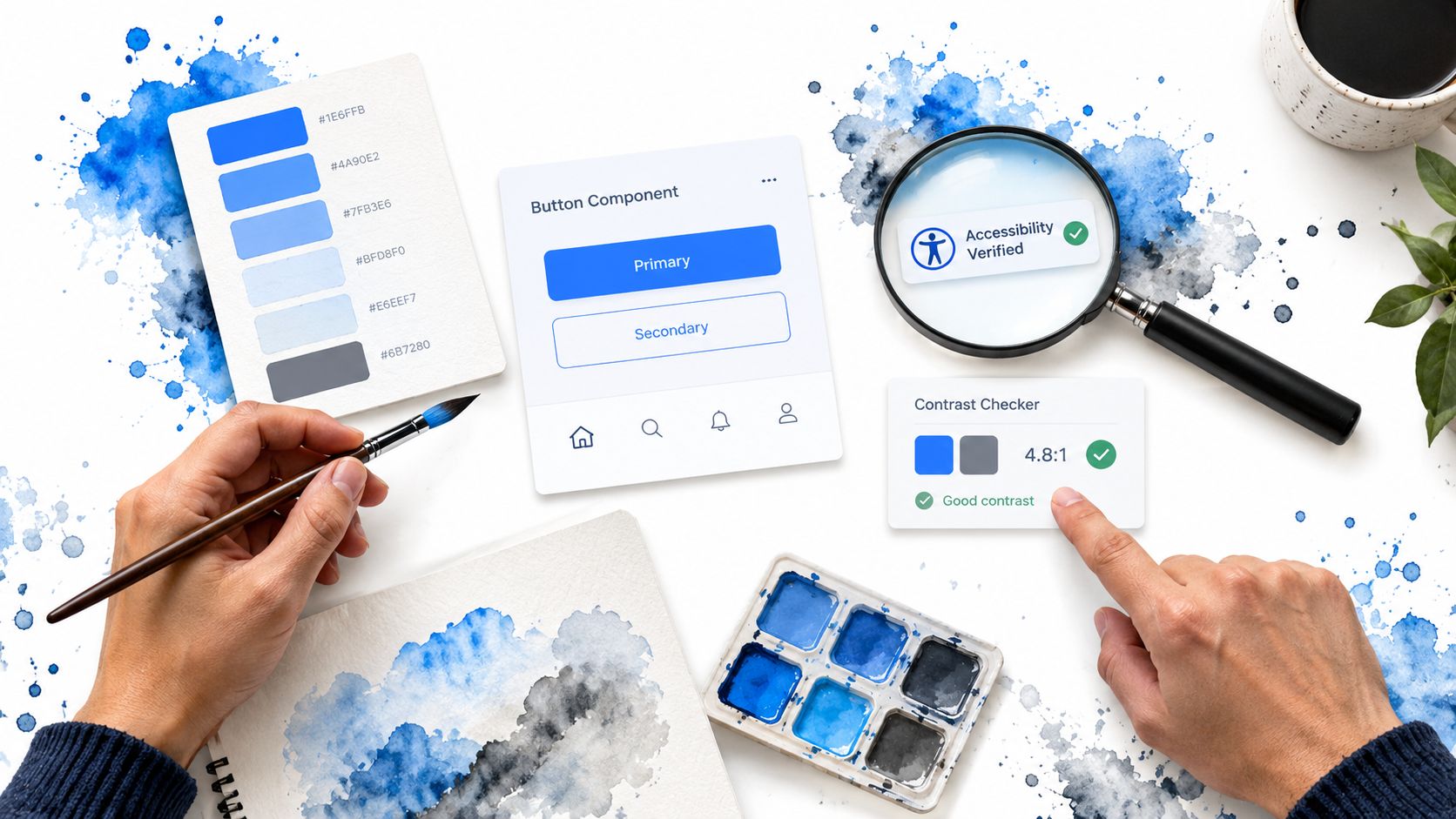 A creative workspace featuring design tools, a UI color palette, and digital accessibility testing interfaces on paper.