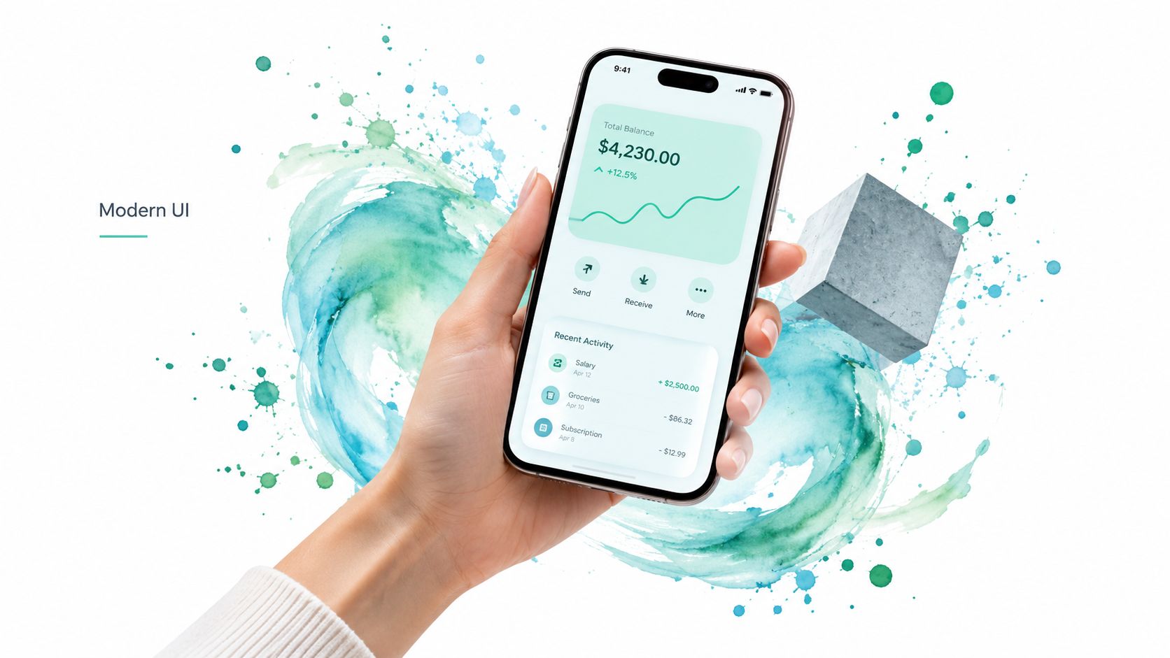 A hand holding a smartphone displaying a modern finance banking app interface with green color schemes.
