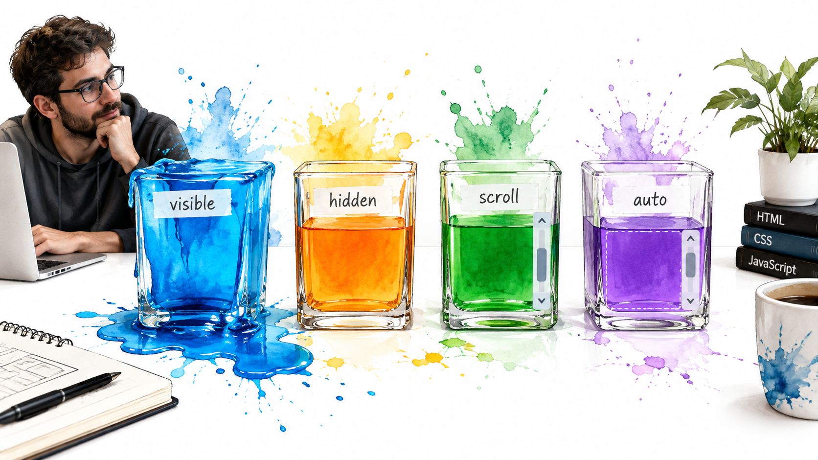 A digital illustration showing four colorful glasses of liquid representing CSS overflow properties: visible, hidden, scroll, and auto.