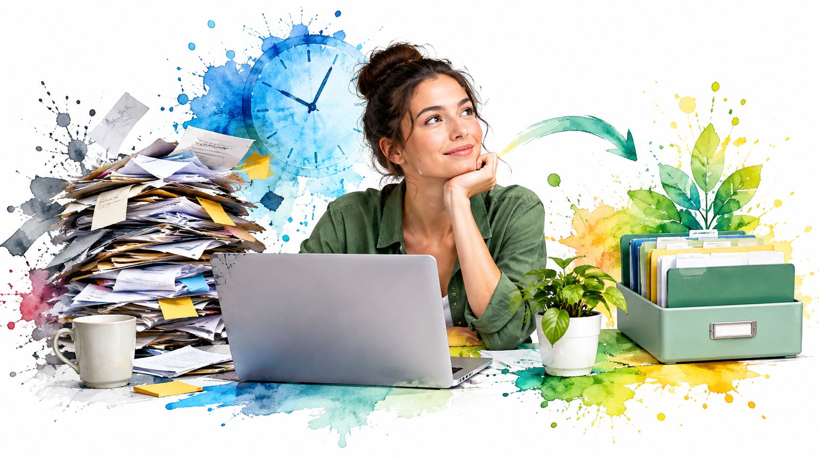 A woman looks thoughtful as she transitions from a messy stack of papers to organized filing folders.