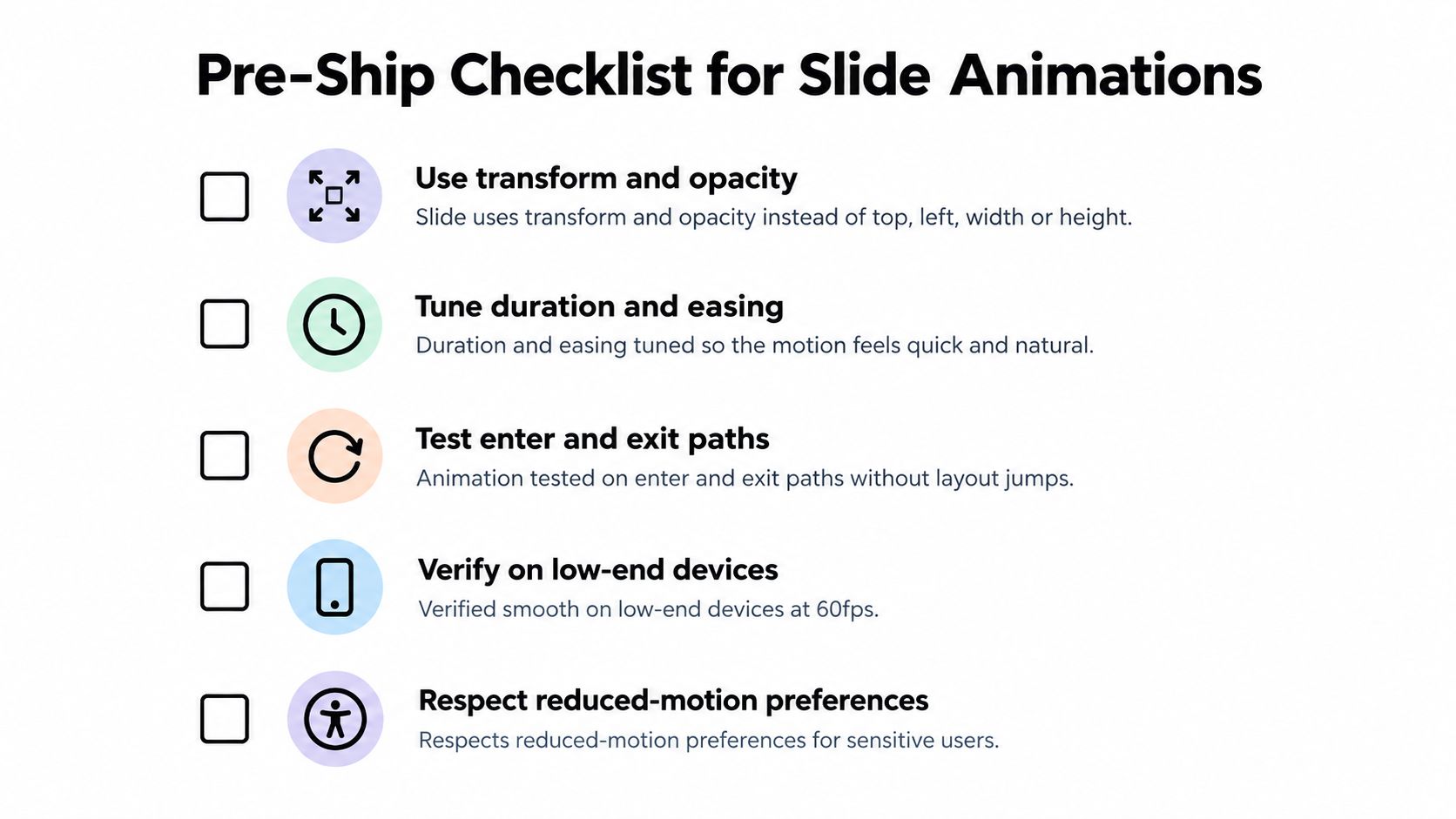 A pre-ship checklist for web developers detailing five best practices for optimizing slide animations in digital projects.