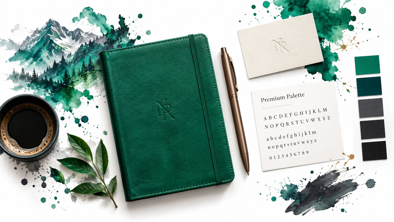 A professional branding mockup featuring a green notebook, copper pen, business card, and watercolor mountain background.