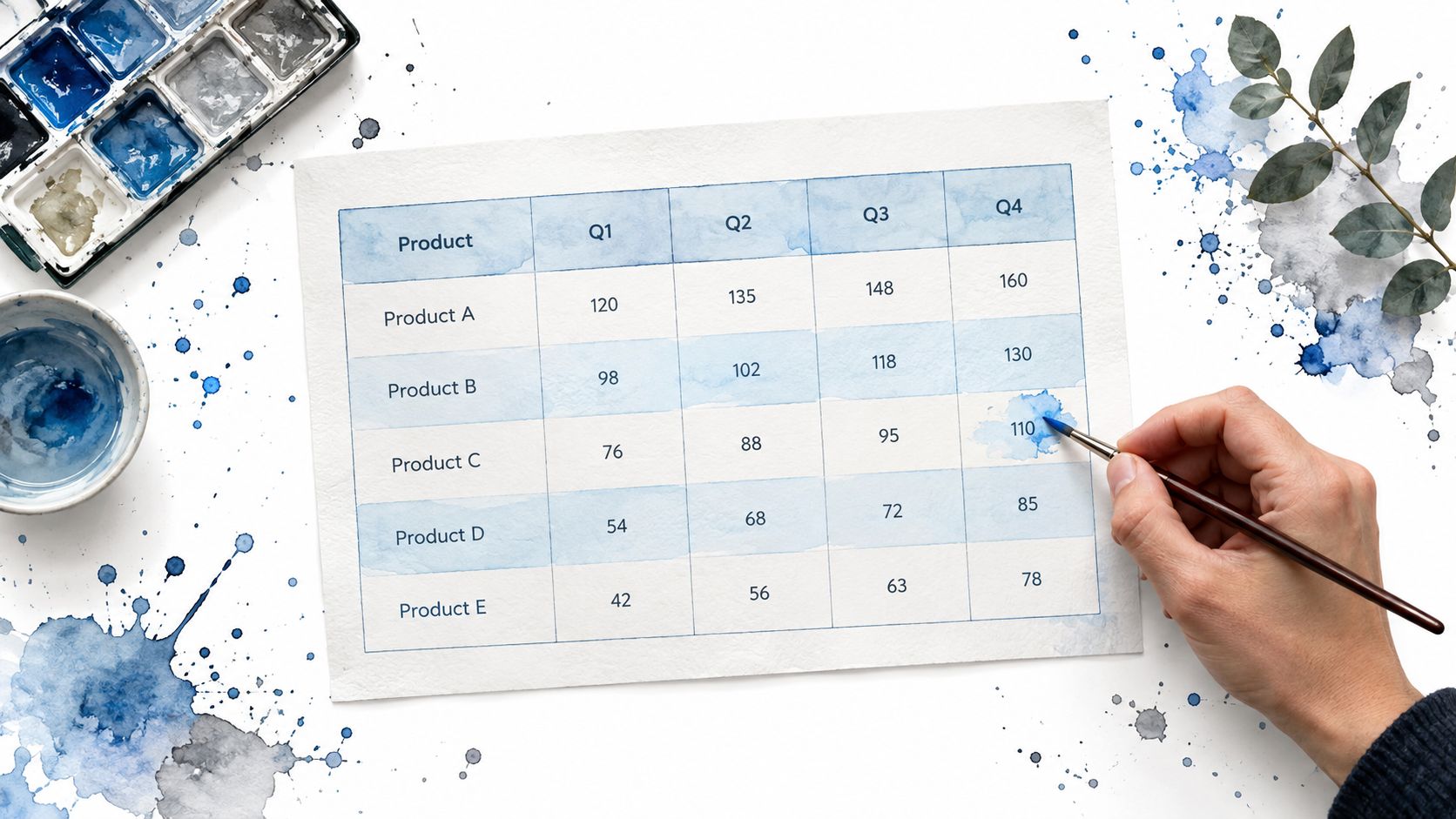 A hand painting a watercolor table chart with quarterly product sales data on a white background.