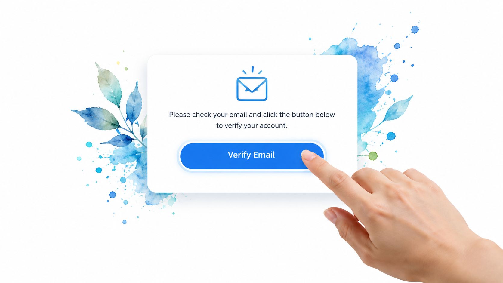 A hand clicks a blue verify email button on a digital verification screen with watercolor background accents.
