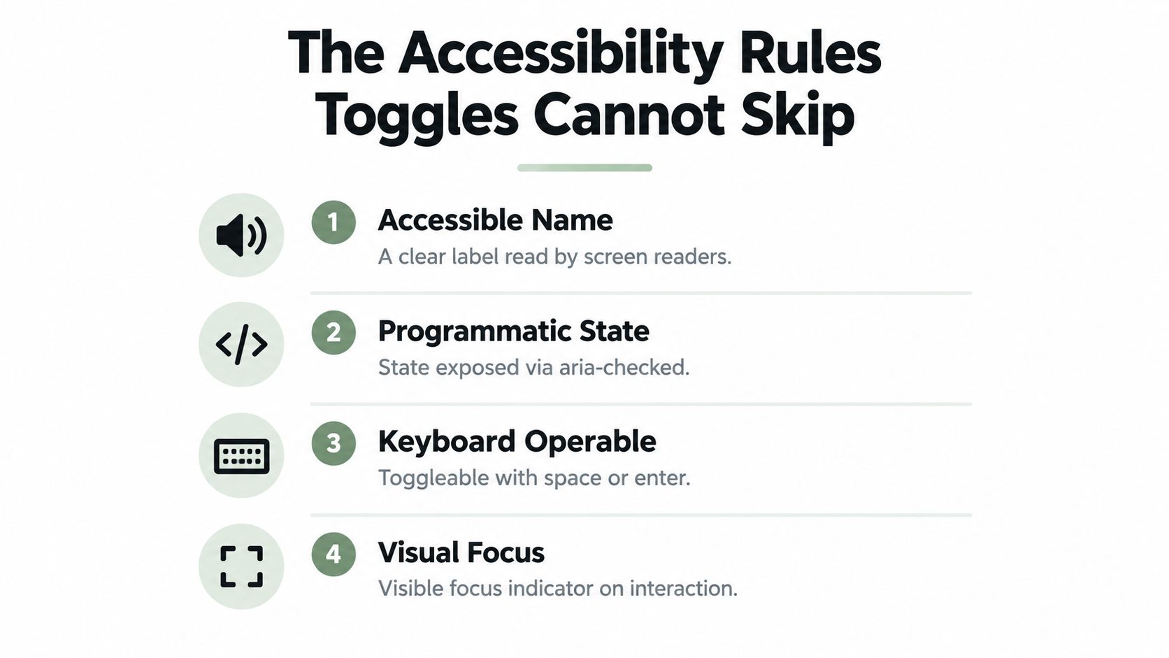 A list graphic outlining four essential accessibility rules for toggle buttons on websites and digital interfaces.