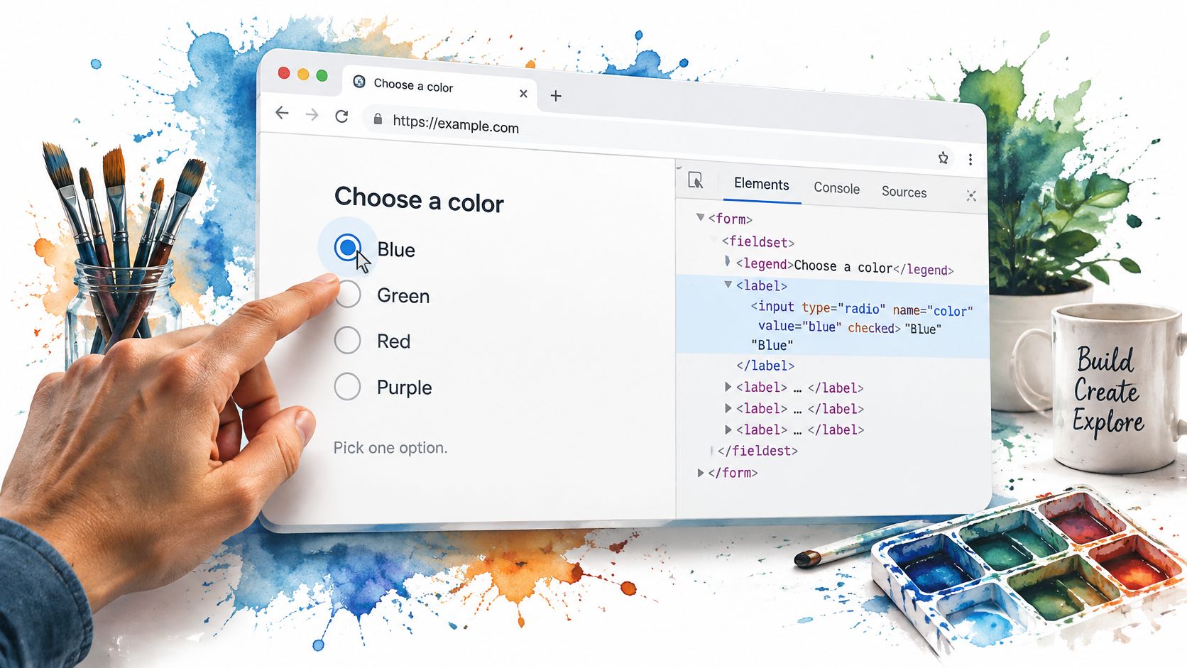A hand pointing at a blue selected radio button in a browser interface with code snippets visible.