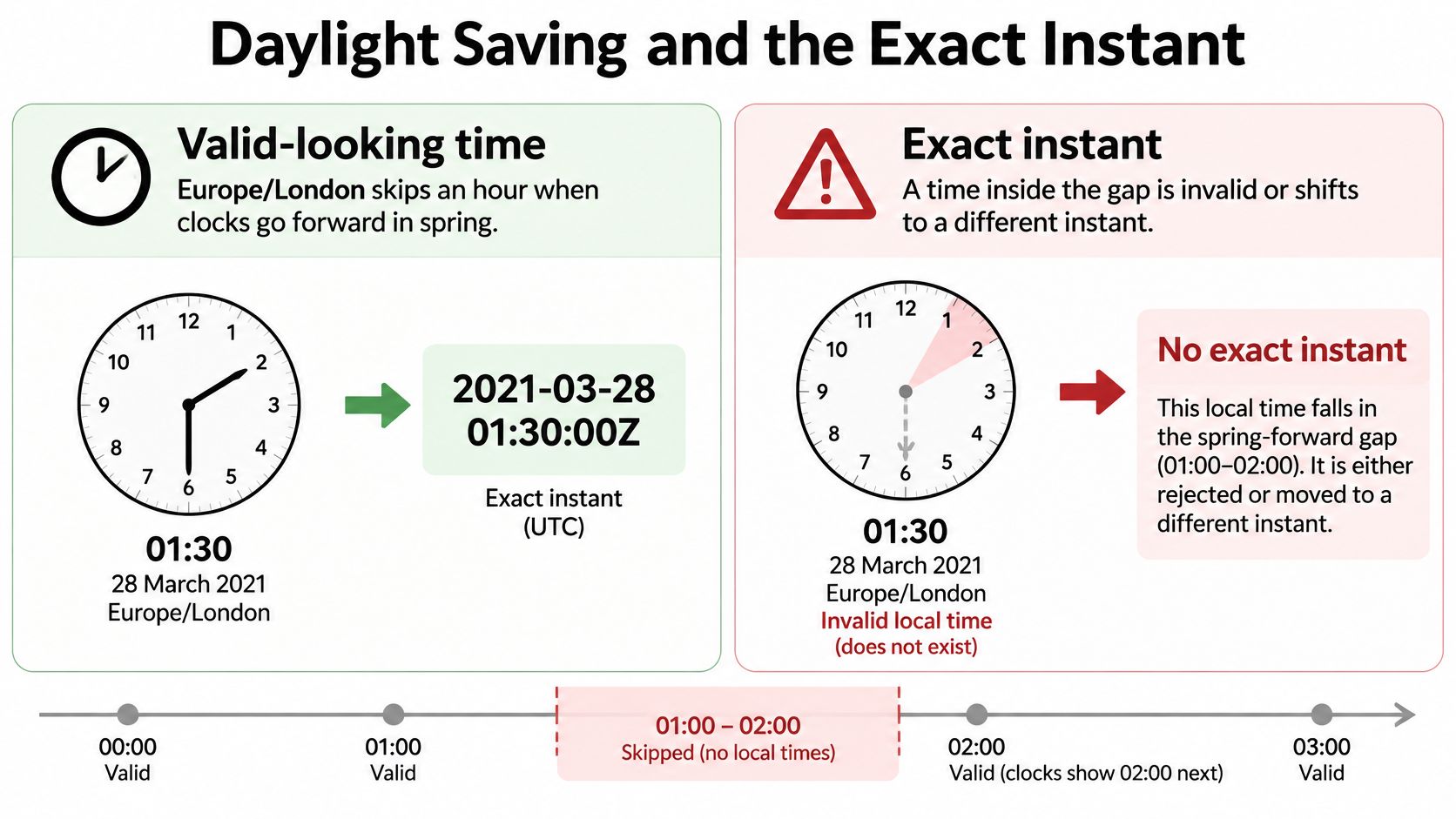 A diagram explaining Daylight Saving Time gaps and how they affect local time validity in Europe London.