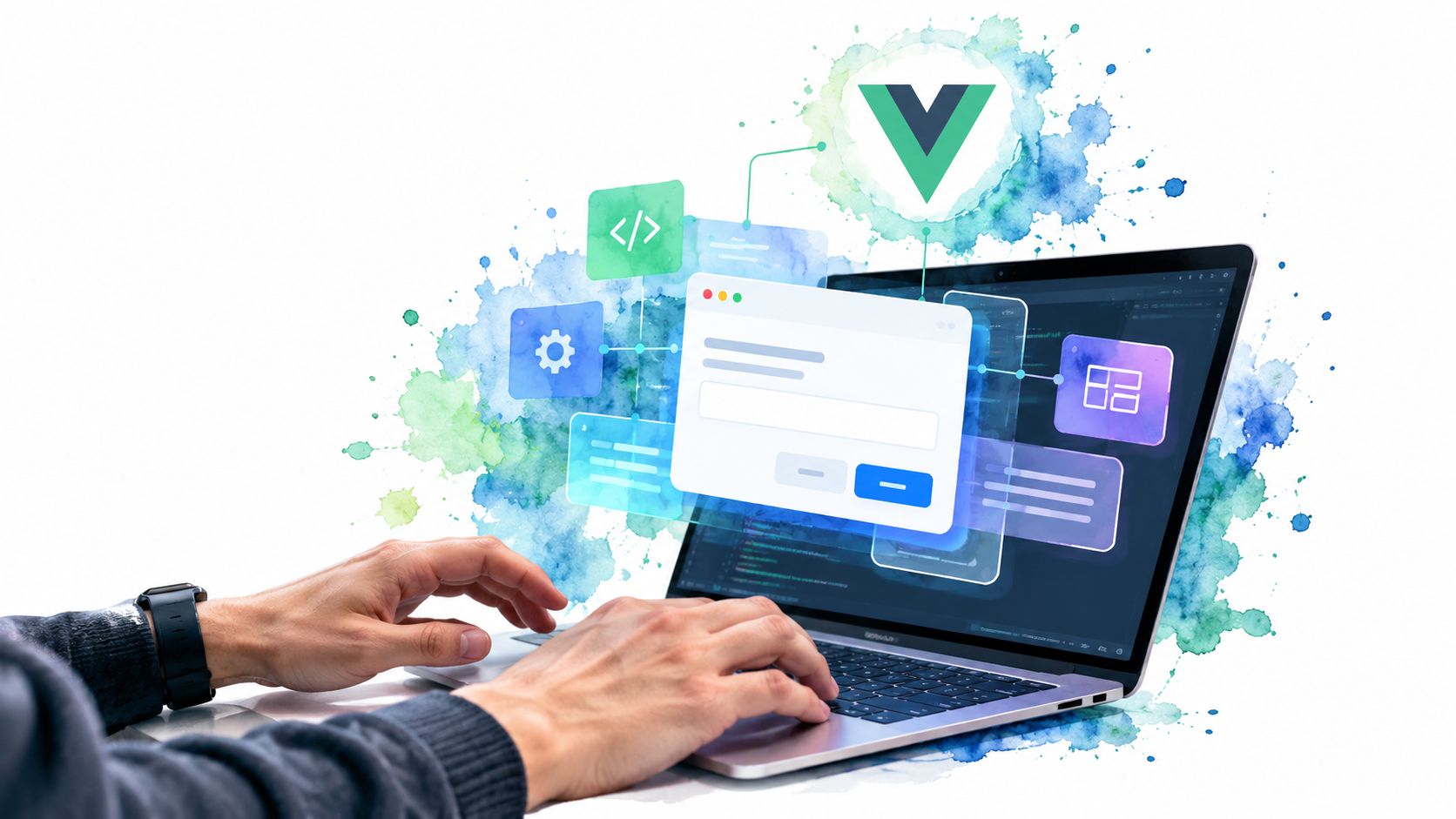 A developer typing on a laptop with holographic Vue.js interface elements floating above the screen.