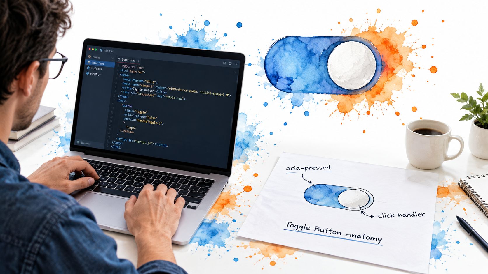A developer coding a toggle button component while referring to design anatomy sketches at a desk.