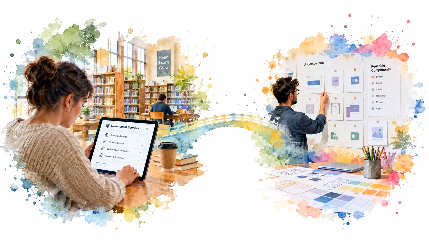 A creative illustration connecting a person using government services on a tablet with a designer managing UI components.