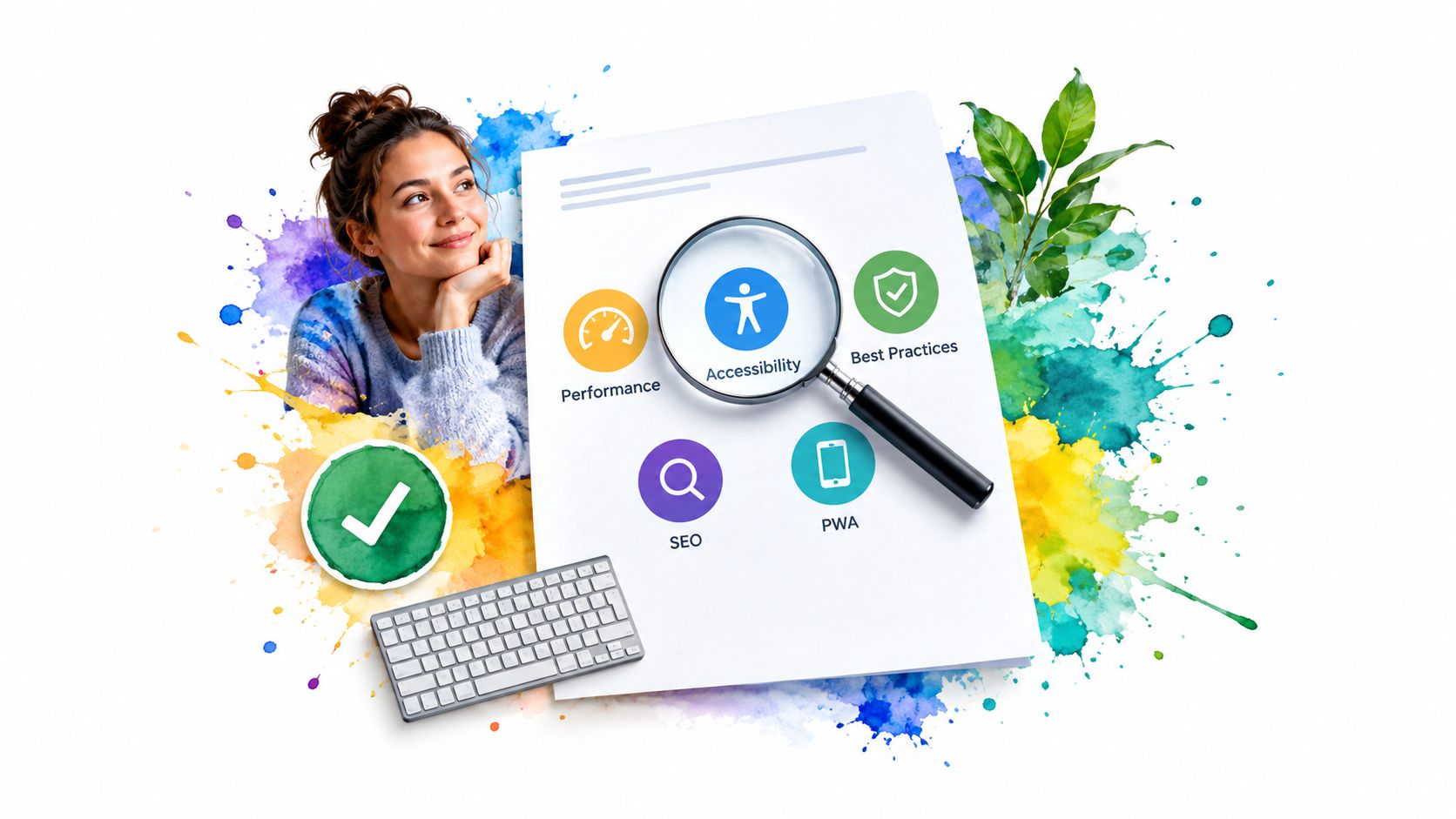 A woman looks at a document featuring a magnifying glass over accessibility, performance, SEO, PWA, and best practices icons.