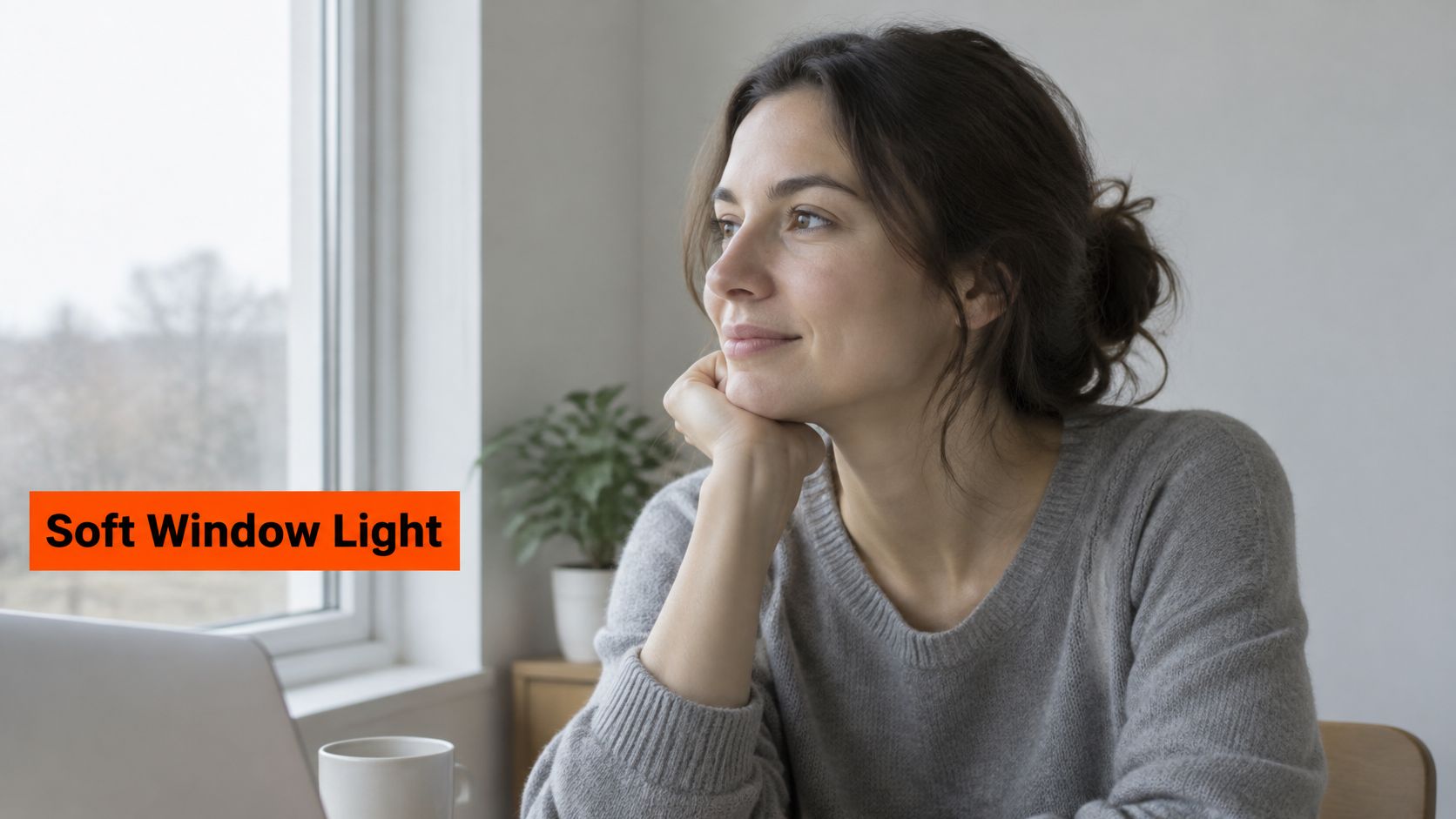 A woman with a thoughtful expression sitting by a window, illuminated by natural soft light.