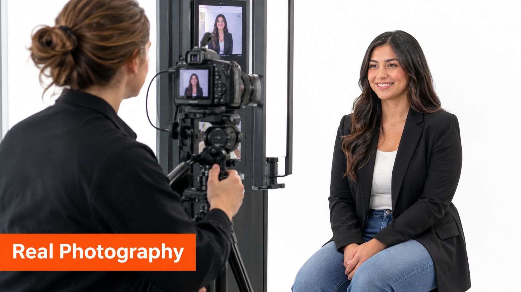 A professional photographer uses a camera setup to capture a headshot of a smiling woman posing.