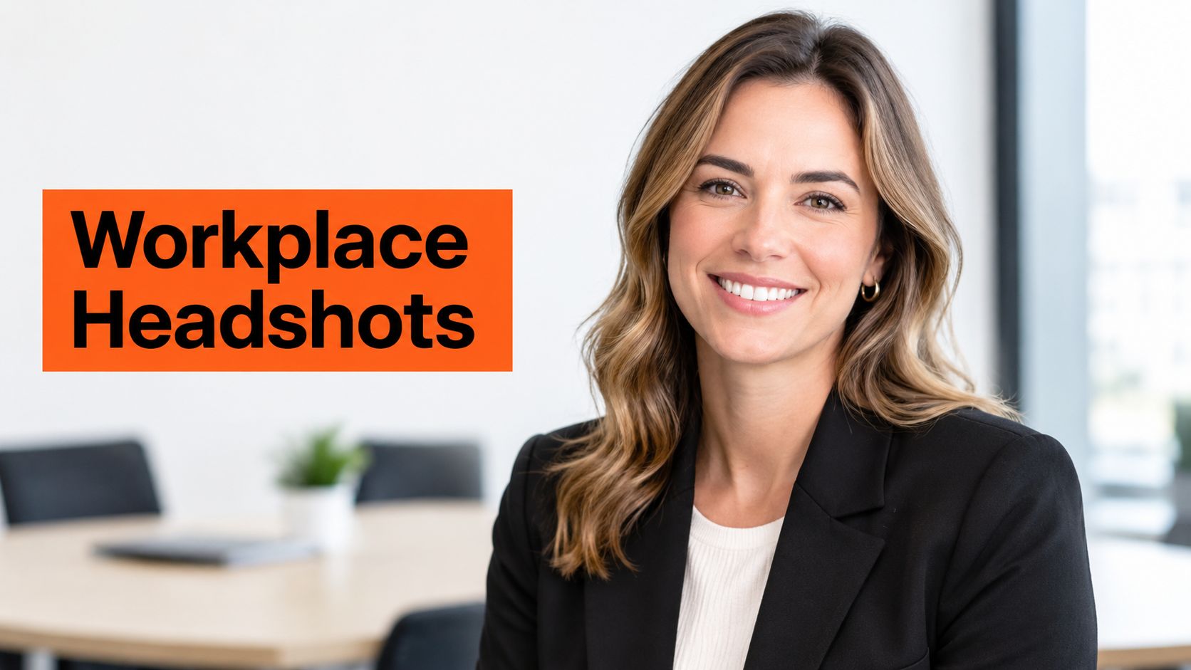 A professional woman in a blazer posing for a modern workplace headshot in a bright office.
