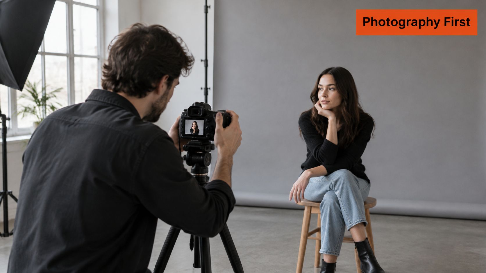 A professional photographer capturing a portrait of a female model sitting on a wooden stool in a studio.