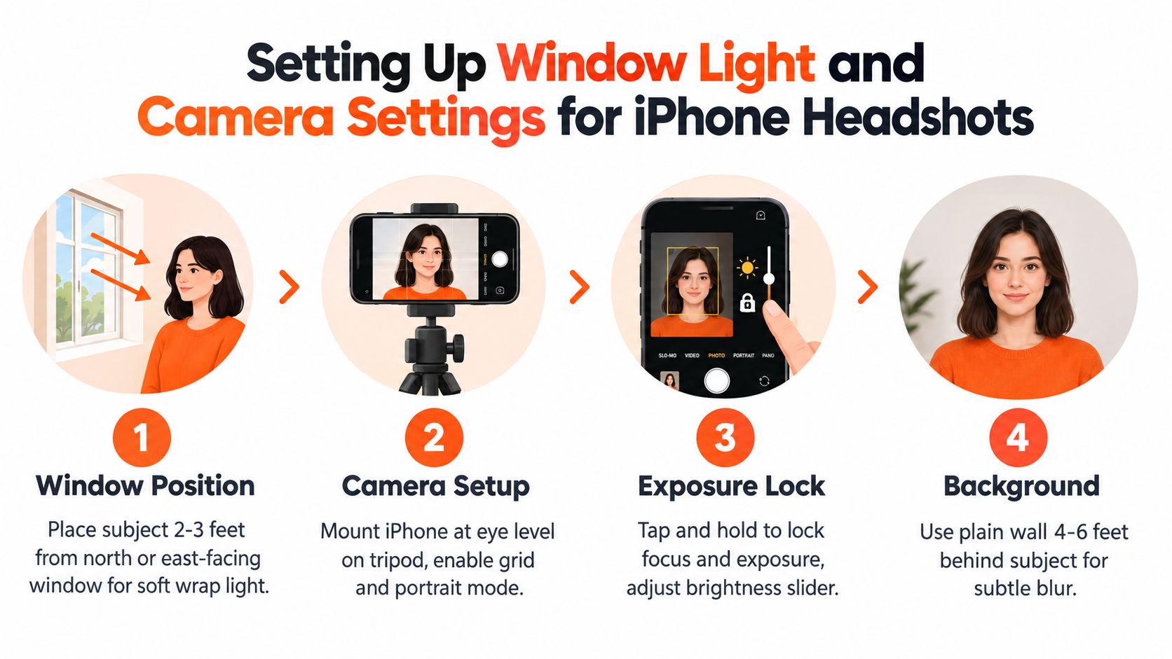 An infographic showing four simple steps to take a professional headshot using an iPhone and window light.