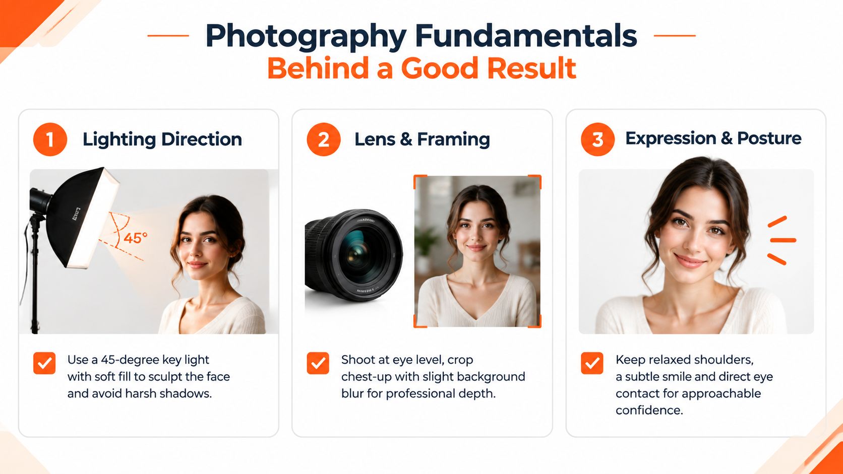 An infographic titled Photography Fundamentals showing tips for lighting, camera lens framing, and professional portrait posture.