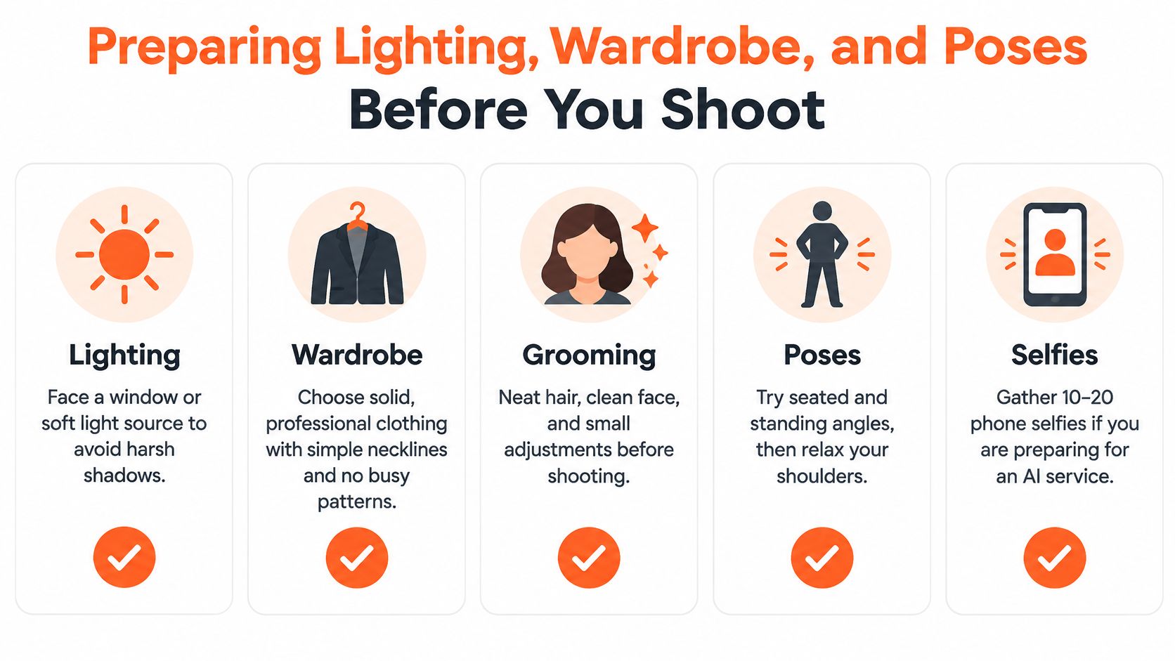 A guide illustrating five essential tips for preparing lighting, wardrobe, grooming, poses, and selfies for professional photos.