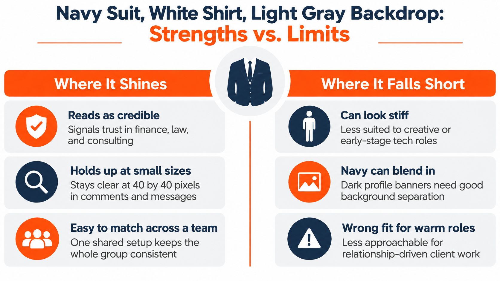 An infographic comparing the pros and cons of wearing a navy suit and white shirt for professional headshots.