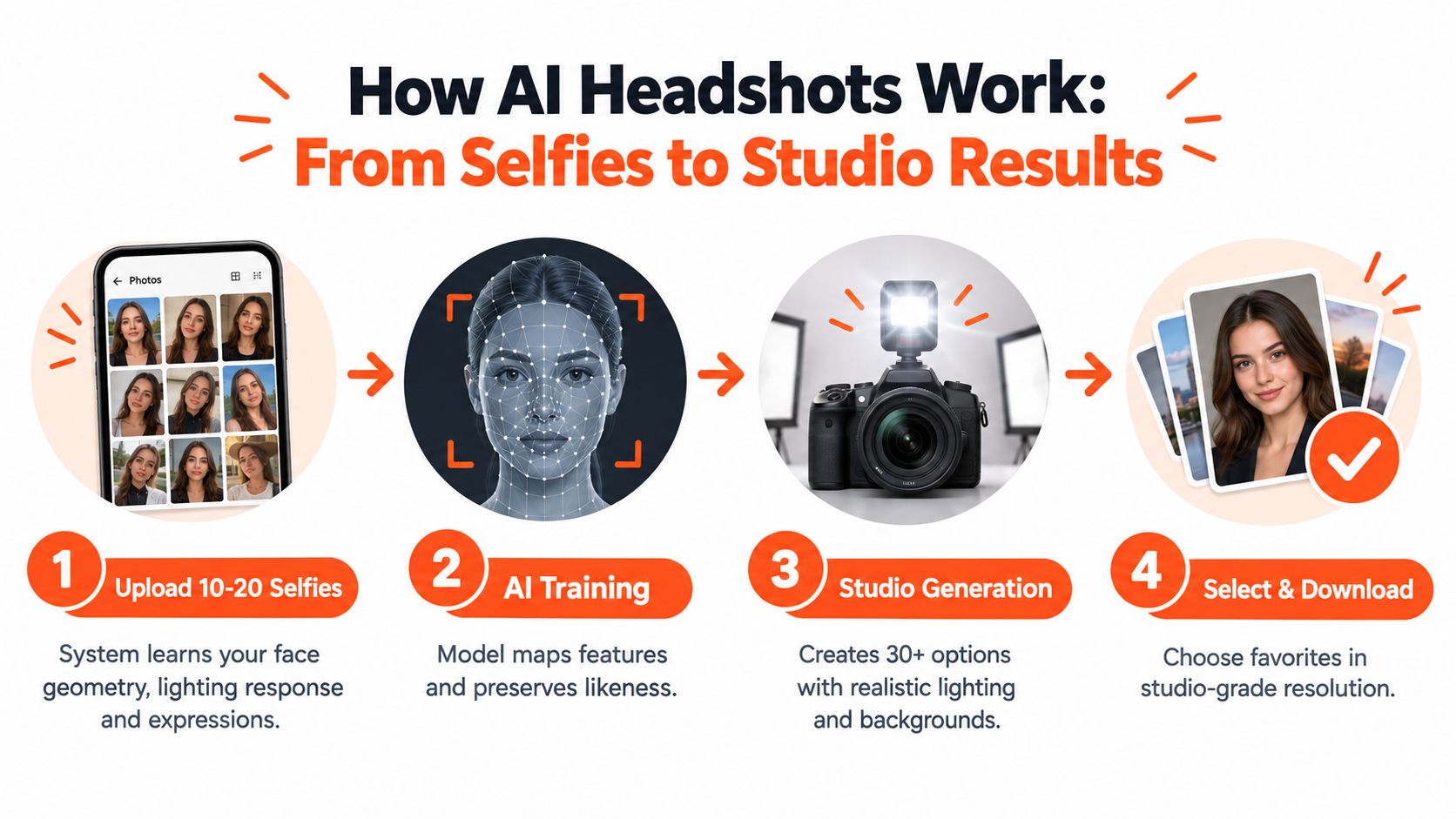 An infographic illustrating the four-step process of creating professional AI headshots from personal selfie uploads.