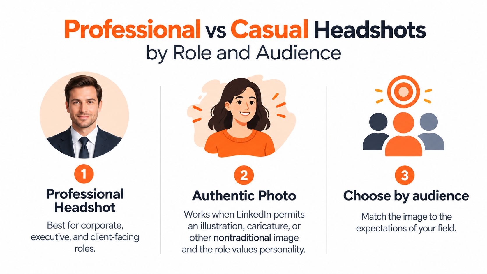 An infographic titled Professional vs Casual Headshots comparing corporate photos, illustrated avatars, and audience-based selection strategies.