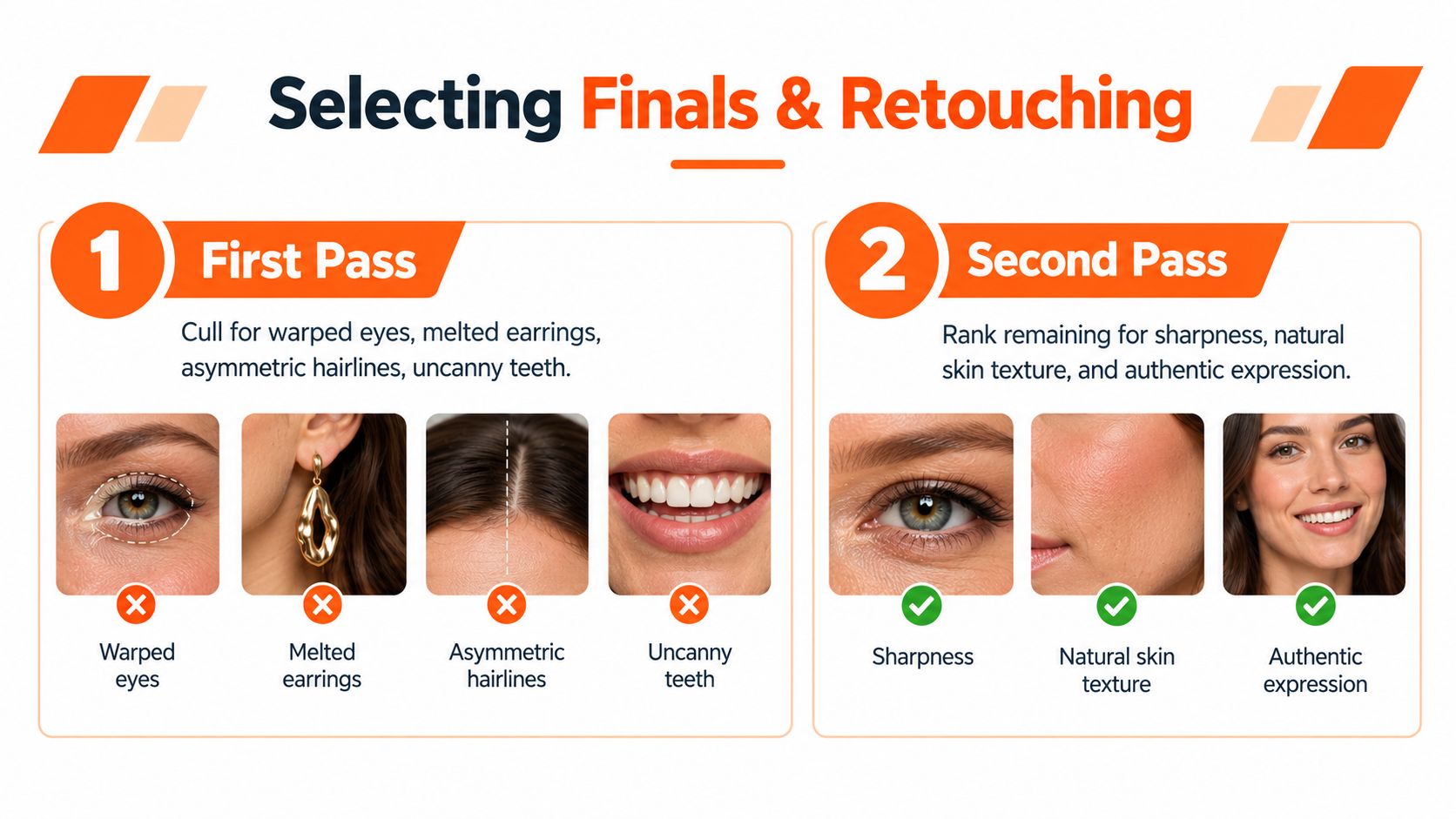 A guide on selecting and retouching professional headshots using AI, illustrating common flaws versus ideal results.