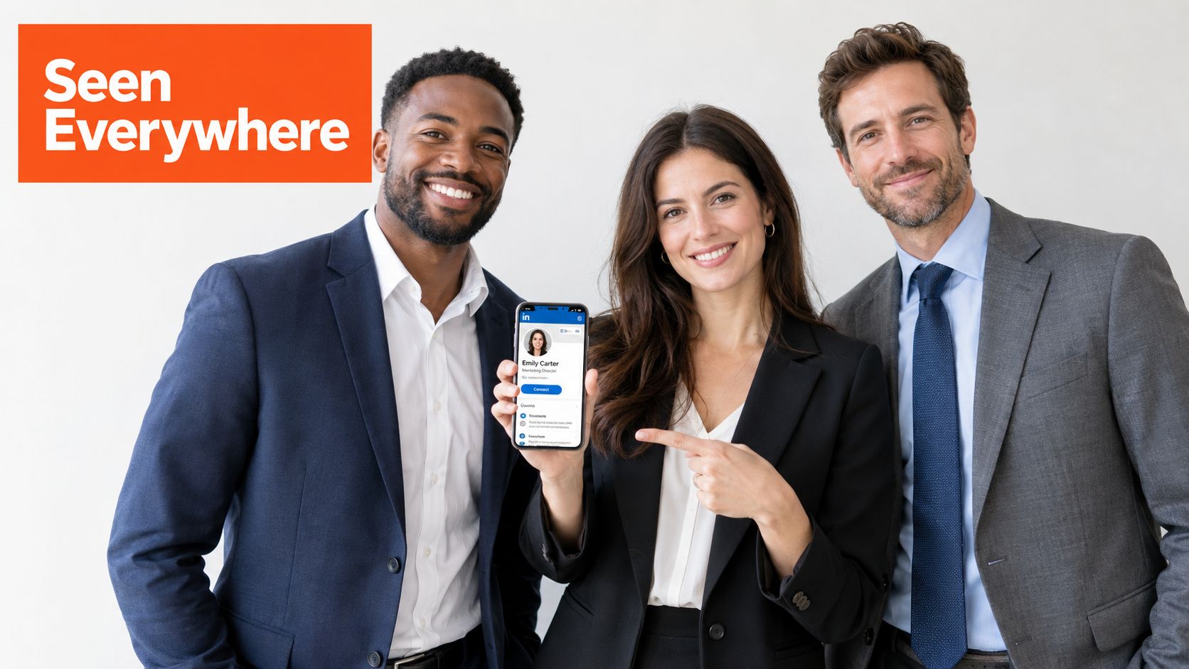 Three professional colleagues standing together while a woman holds up a phone displaying a digital headshot profile.
