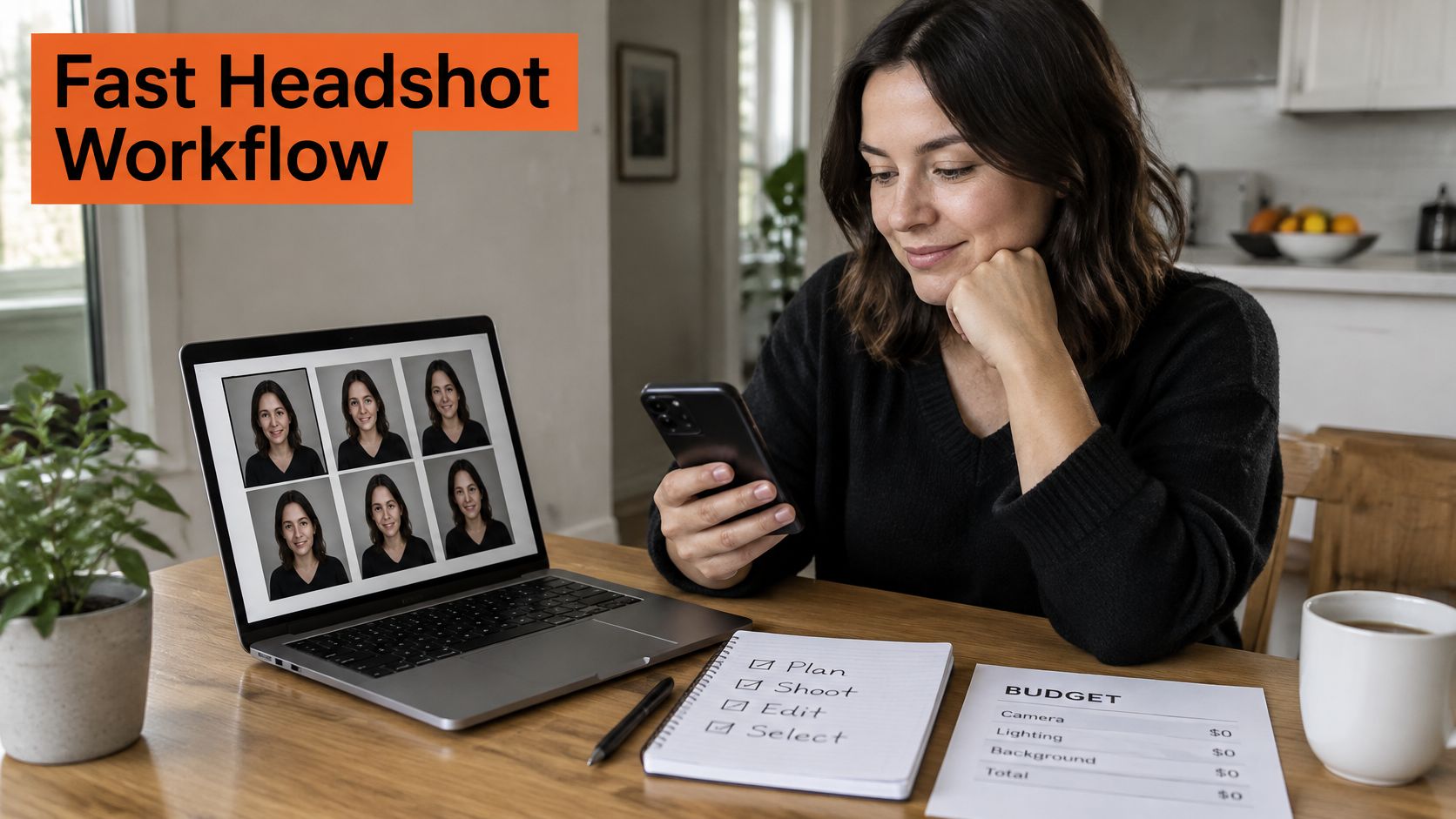 A woman reviewing portrait photos on her laptop while planning her headshot session with a budget checklist.